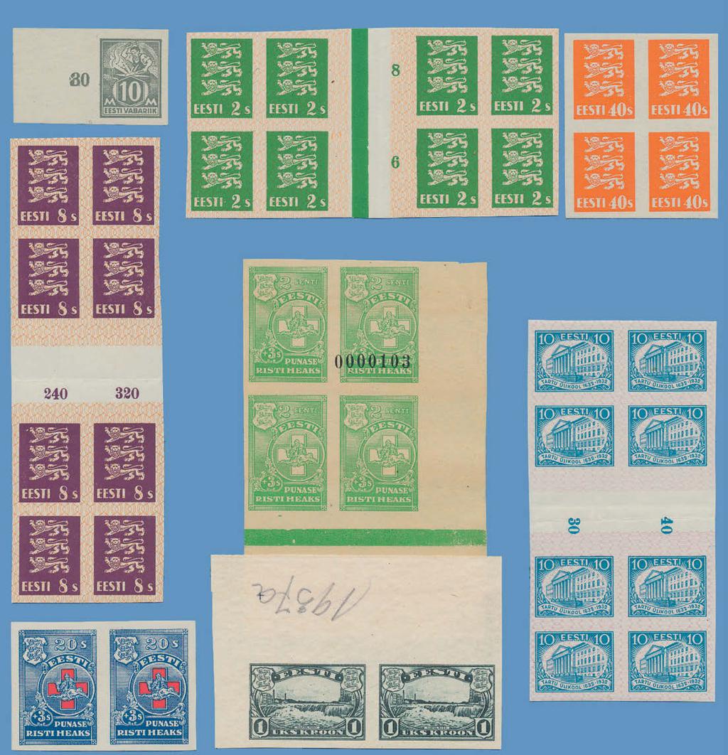 1338 1339 ex 1347 1341 1340 ex 1343 ex 1342 ex 1346 1345 94-97 P Dorpat University. 4 complete imperfora- ** ted sets on proofs in pairs/blocks of 4. 500 1346 159 P (*) 1 kr Narva-Fälle.