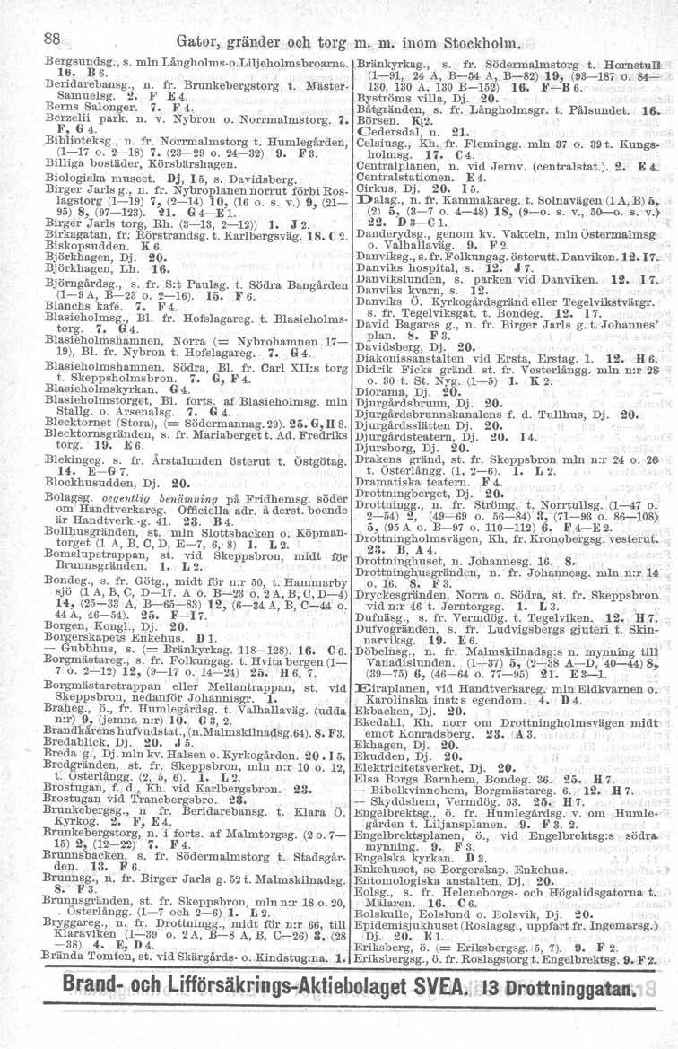 88 Gator, gränder och torg m. m. inom Stockholm. Bergsundsg., s. mln Långholms-o,Liljeho,lmsbroarna.. 16. B 6. Beridarebansg., n. fr. Brunkebergstorg, t. Mäster Samuelsg. 2. }' E 4. Berns Salonger. 7.