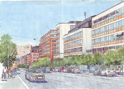 Arkitektonisk bearbetning av takpåbyggnaden Arkitektonisk struktur Påbyggnadens nedre del bildar en sammanhängande volym där etagelägenheterna entréer nås från loftgångar som ligger mot kvarterets