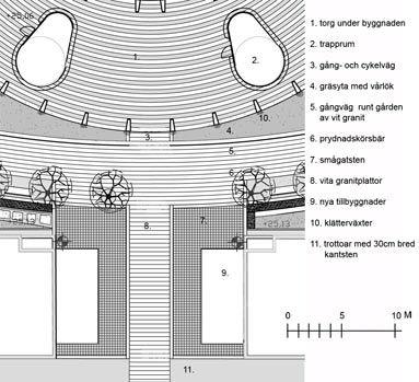 Den omgivande trädgården Den stenlagda centrala platsen övergår i en gräsmatta med samma lugna lutning.