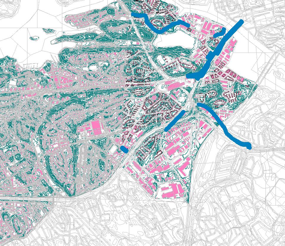 Figur 3. Vägar med planerad höjd på Liljeholmen utmärkt i blått 3.