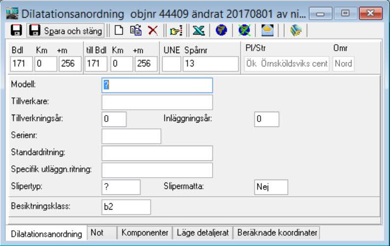 Sida 5 Ny objekttyp Dilatationsanordning Förklaring: