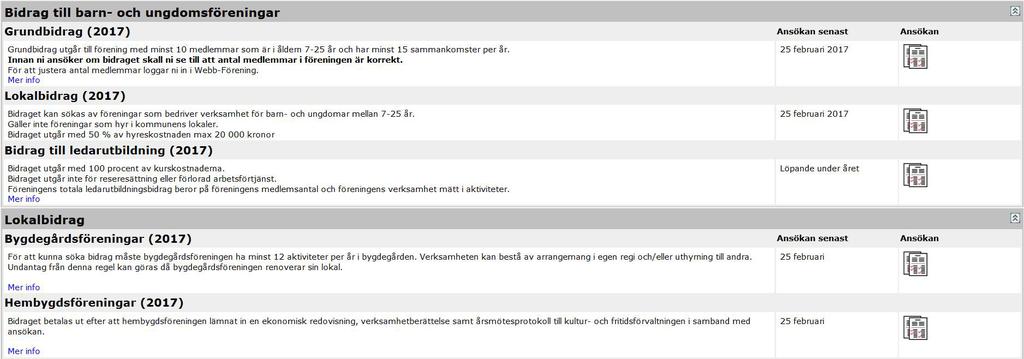 Söka bidrag På startsidan hittar du alla kommunala bidrag som finns att söka. För att välja aktuellt bidrag för din förening klickar du på Ansökan längst ut i högerspalten.