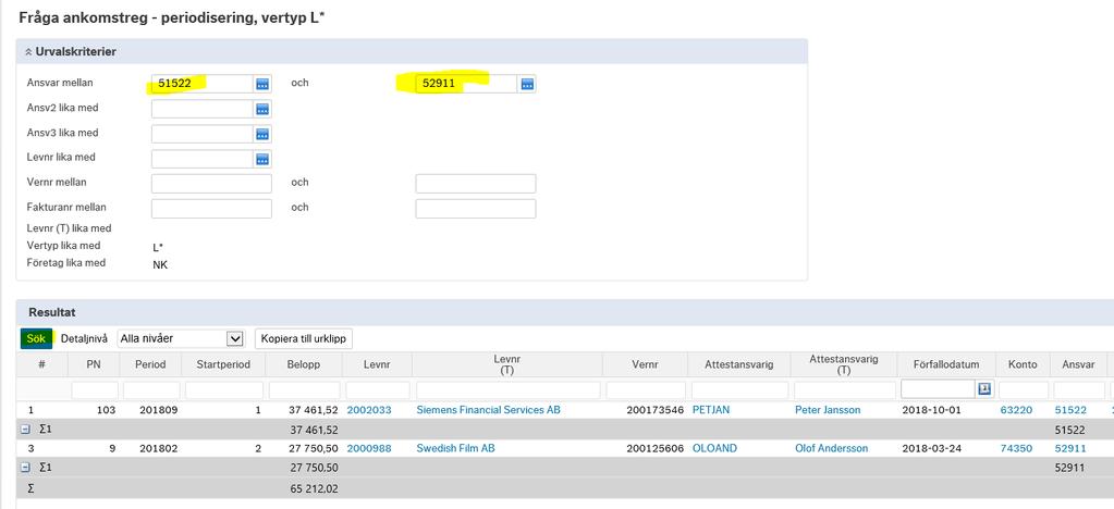 7 (8) 5 Fråga ankomstreg periodisering, vertyp L* Denna fråga används till att söka efter leverantörsfakturor som är ute på attest i Business World där någon eller flera konteringsrader har en