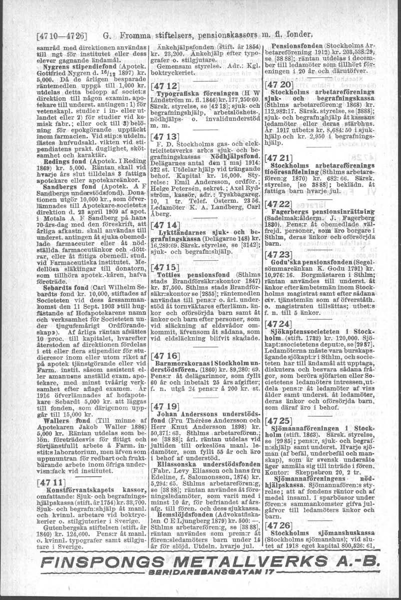 [4710-4726J G. Fromma stiftelsers, pensionskassors m. fl. fonder, samråd med drrektionen användas Änkehjälpsfonden (stift. år 1864) Pension,fonden (Stockholms Ar till ngtiör institutet elier dess kr.