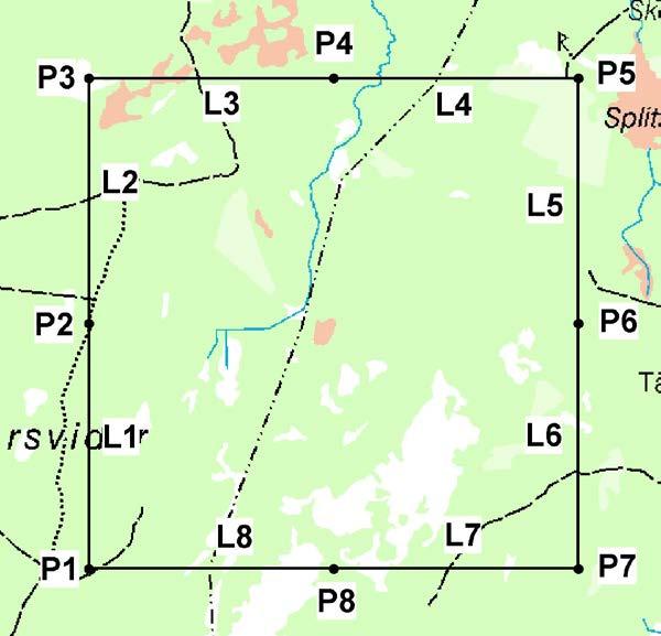 Figur 1. Exempel på taxeringsrutt, P1-P8 motsvarar respektive inventeringsplats under punkttaxeringen. L1-L8 motsvarar de delsträckor där alla hörda och sedda fåglar rapporteras under linjetaxeringen.
