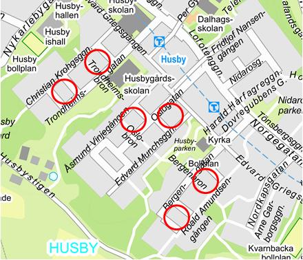 Sida 2 (14) Aktuella planområden markerade med röda ringar Utlåtande Syfte Planarbetet syftar till att utveckla sex fastigheter i södra delen av Husby.