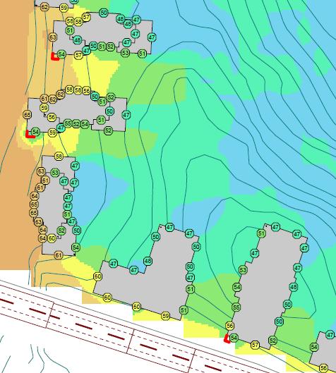 db(a). Vid fasader som vetter mot skogen är ljudnivån lägre än 70 db(a) överallt, i de mest skyddade lägena är ljudnivån ner mot db(a). 6.