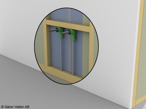 Figur 16-18 Exempel på förläggning av rör på uppvärmda sidan av isoleringen i golv, tak och vägg (Säker Vatteninstallation 2011 fig 2.13a-c).