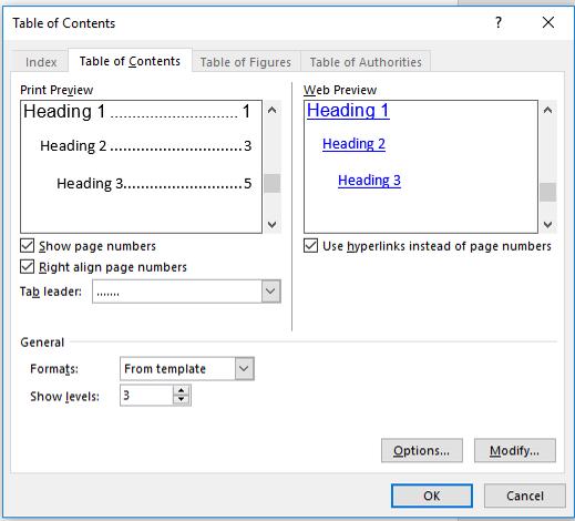 innehållsförteckningarna, eller modifiera den på egen hand genom att gå till Infoga innehållsförteckning (Custom Table of Contents).