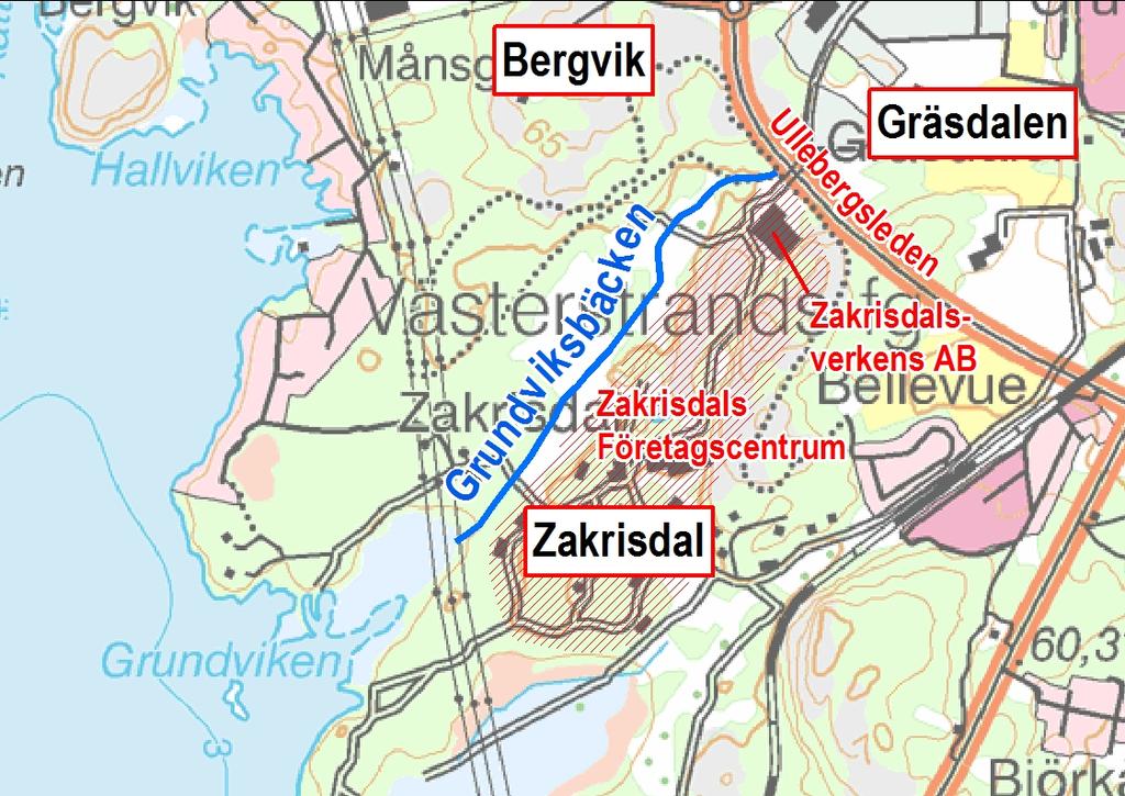 Figur 1. Lokaliseringen av Grundviksbäcken. Bäcken rinner i huvudsak i område som utgörs av tidigare brukad odlingsmark. Området underlagras i huvudsak av lera enligt SGU:s jordartskarta. 2.