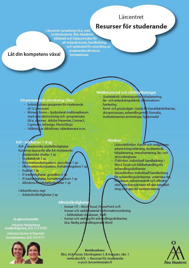 Stödtjänster för studerandena att utnyttja i undervisningen Se översikt över studierådgivningen vid Akademin och utvecklingen av studerandes akademiska studiefärdigheter www.abo.