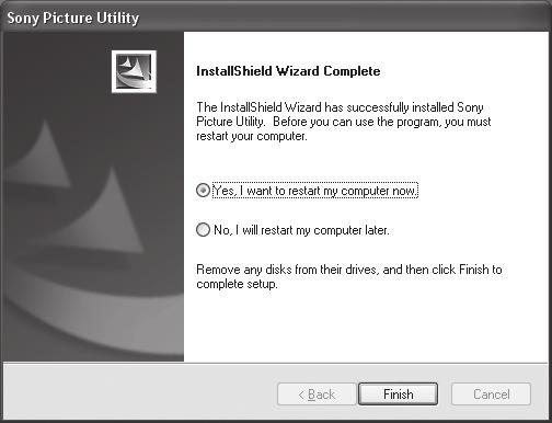 Installera "First Step Guide" (Startanvisningar) och programvara (fortsättning) Datorn startar om automatiskt (Restart). Genvägsikoner, t ex [ ] (Picture Motion Browser), visas på skrivbordet.