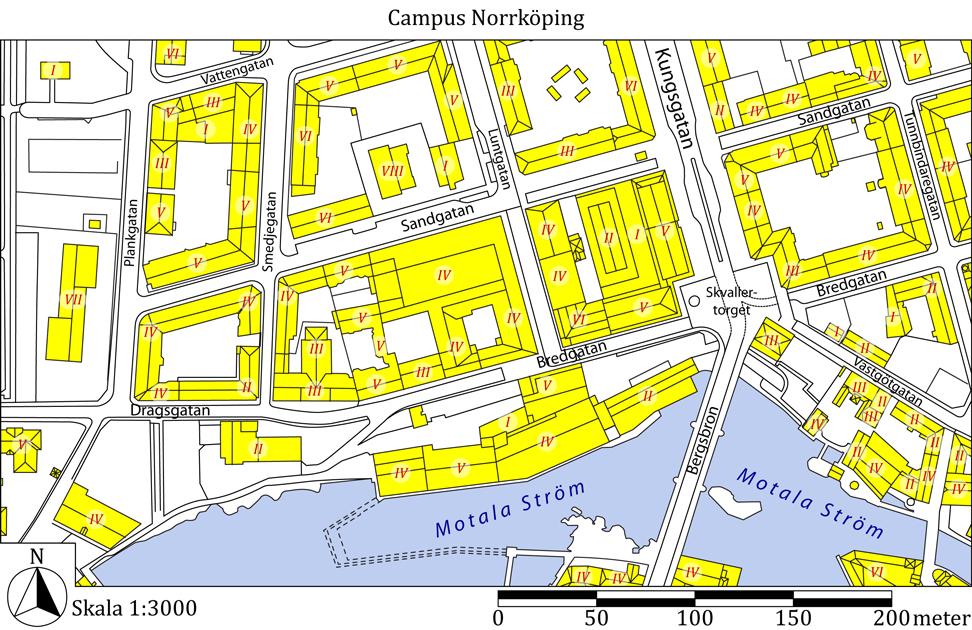 13.5 Campus Norrköping Detta område sträcker sig från Kungsgatan och västerut norr om Strömmen. Här har Linköpings universitet sitt huvudcampus för sin verksamhet i Norrköping.