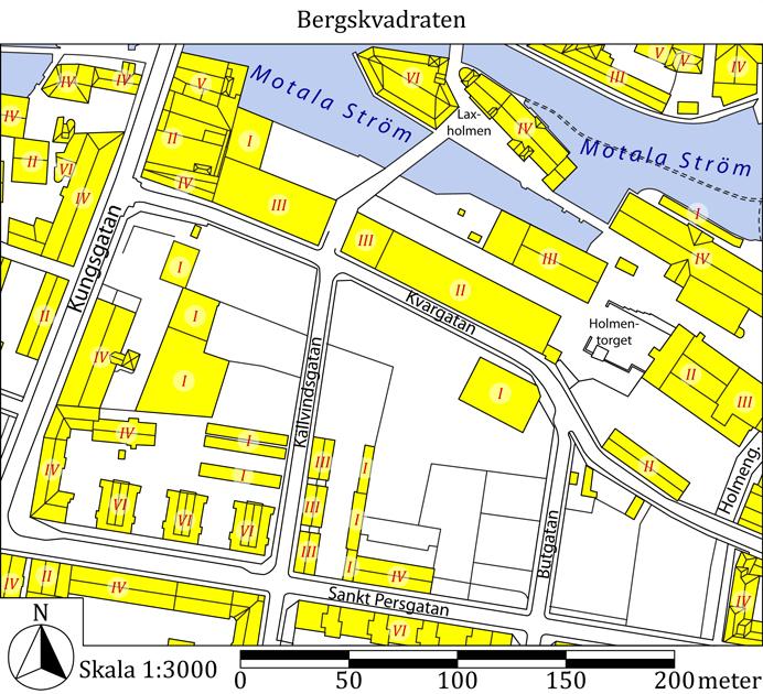 2 Bergskvadraten Detta område omfattar de södra delarna av Industrilandskapet, söder om Strömmen mellan Kungsgatan, Kvarngatan och Sankt Persgatan.