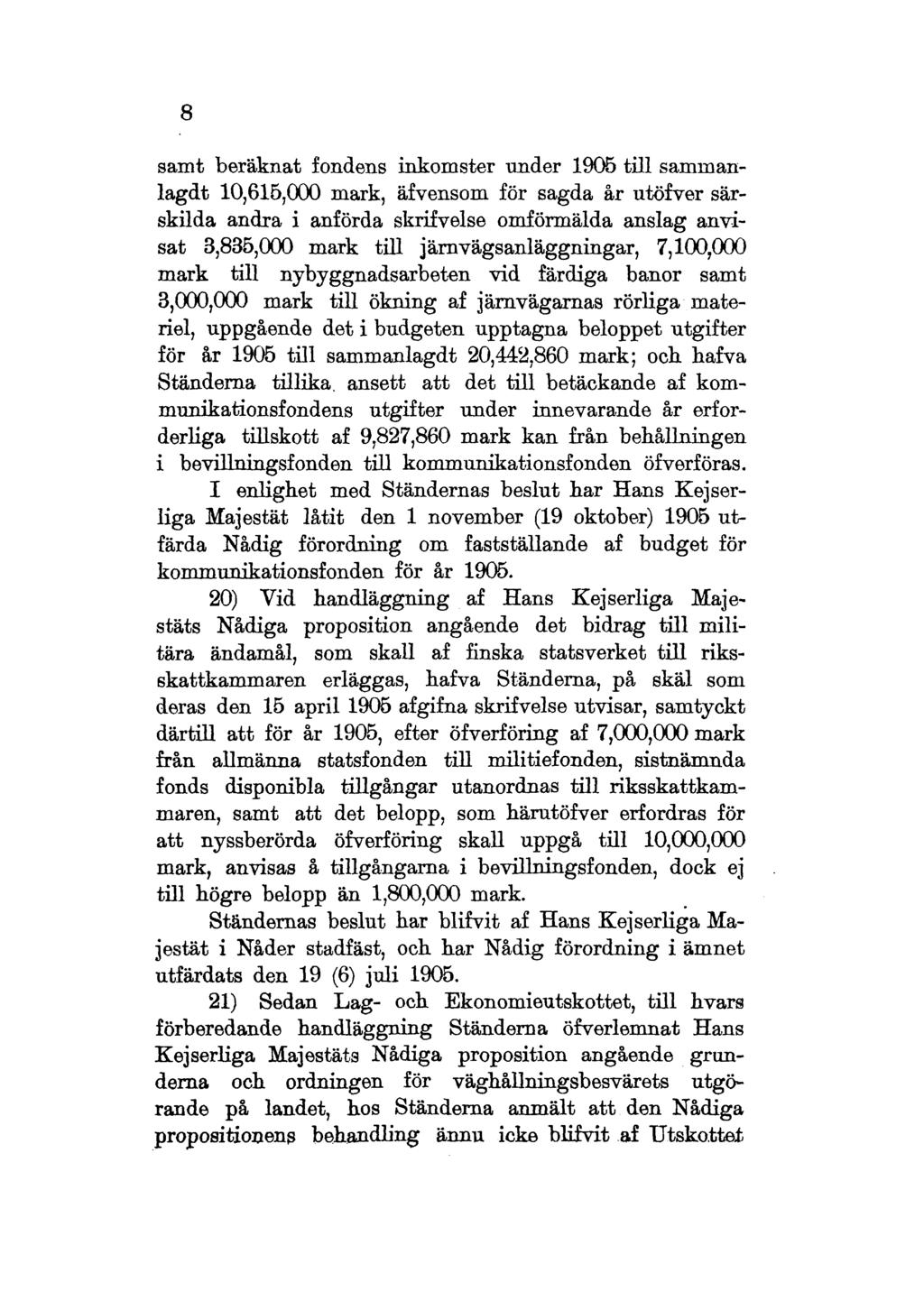 8 samt beräknat fondens inkomster under 1905 till samrnanlagdt 10,615,000 mark, äfvensom för sagda år utöfver särskilda andra i anförda skrifvelse omförmälda anslag anvisat 3,835,000 mark till