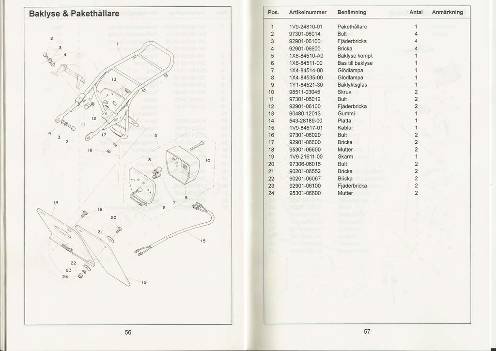 Baklyse & Pakethållare Pos. Artikelnummer Benämning Antal Anmärkning ~ V9-80-0 Pakethållare 9730-060 Bult 3 990-0600 Fjäderbricka 3 990-06600 Bricka X6-80-AO Baklyse komp!. ~ l\ti.