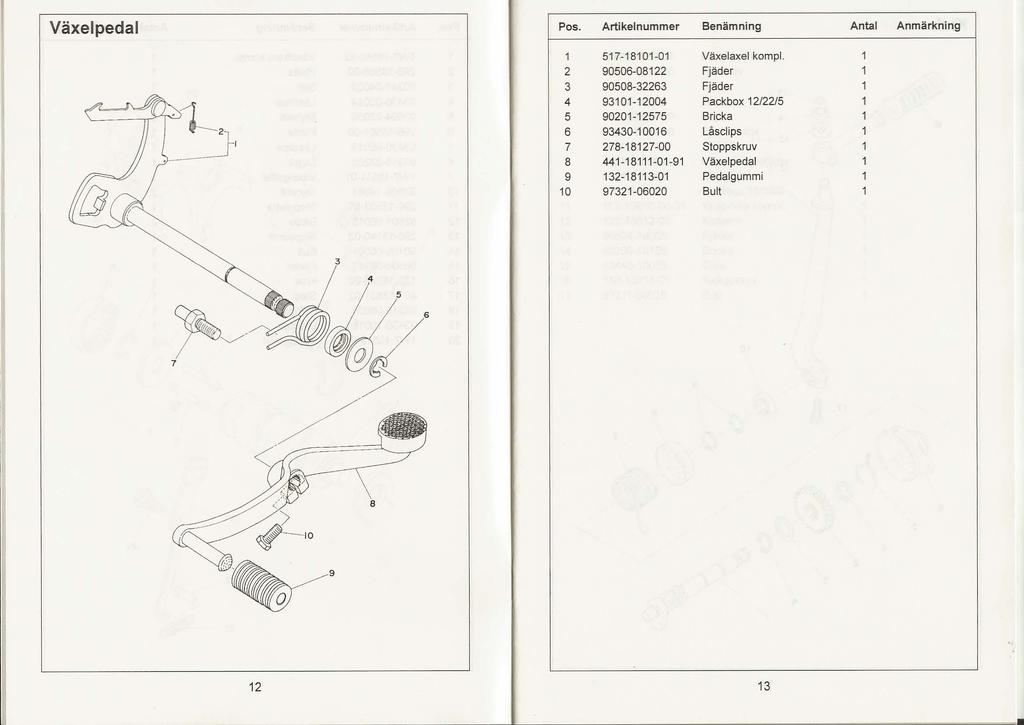 Växel pedal Pos. Artikelnummer Benämning Antal Anmärkning 7-80-0 Växelaxel kompl.