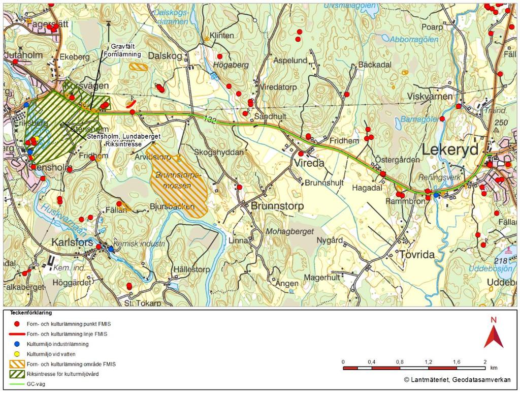 Figur 9. Kulturmiljö längs aktuell sträcka på väg 132. Längs med väg 132, från cirkulationen vid utfarten från Huskvarna till Lekeryd, finns flera typer av lämningar från olika tidsåldrar.