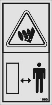 Varning! Dekal 4: För ej in ben eller armar i närheten av inmatningsvingarna när maskinen är igång.