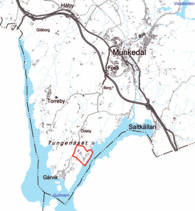 Illustration 1. Inom rödmarkerat område arbetar Munkedal kommun med en detaljplan.