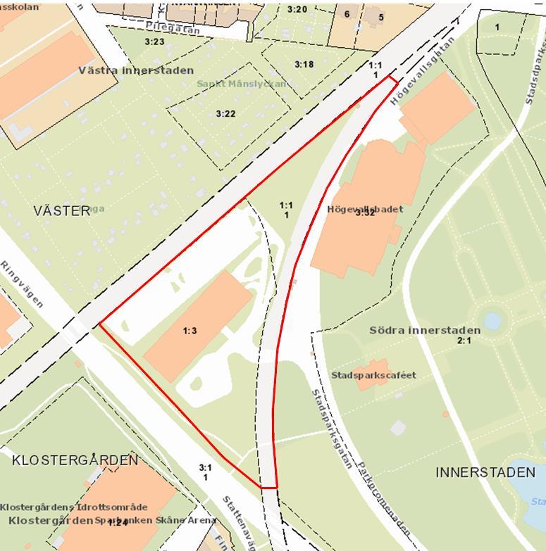 Plandata och markägoförhållanden Aktuellt planområde markerat med rött. Planområdet omfattar fastigheterna Klostergården 1:3 samt del av fastigheten Klostergården 1:1.