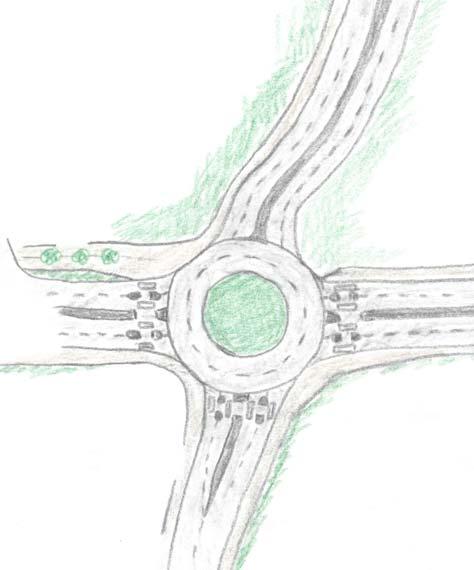 (se figur 5.6). Den här lösningen ger en förändring i anslutningsvinklar och radier för Industrigatan (Öster) och Industrigatan (Väster), se tabell 5.