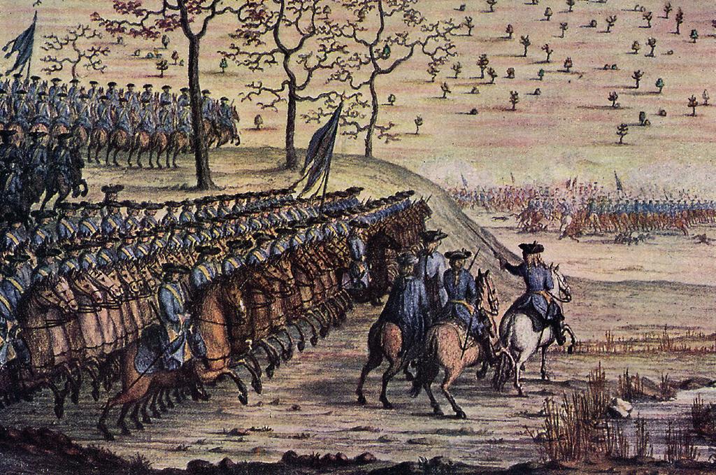38 När kavalleriet gjorde chock red man tätt intill varandra. De svenska ryttarna lär under stora nordiska kriget ha haft knä över knä.