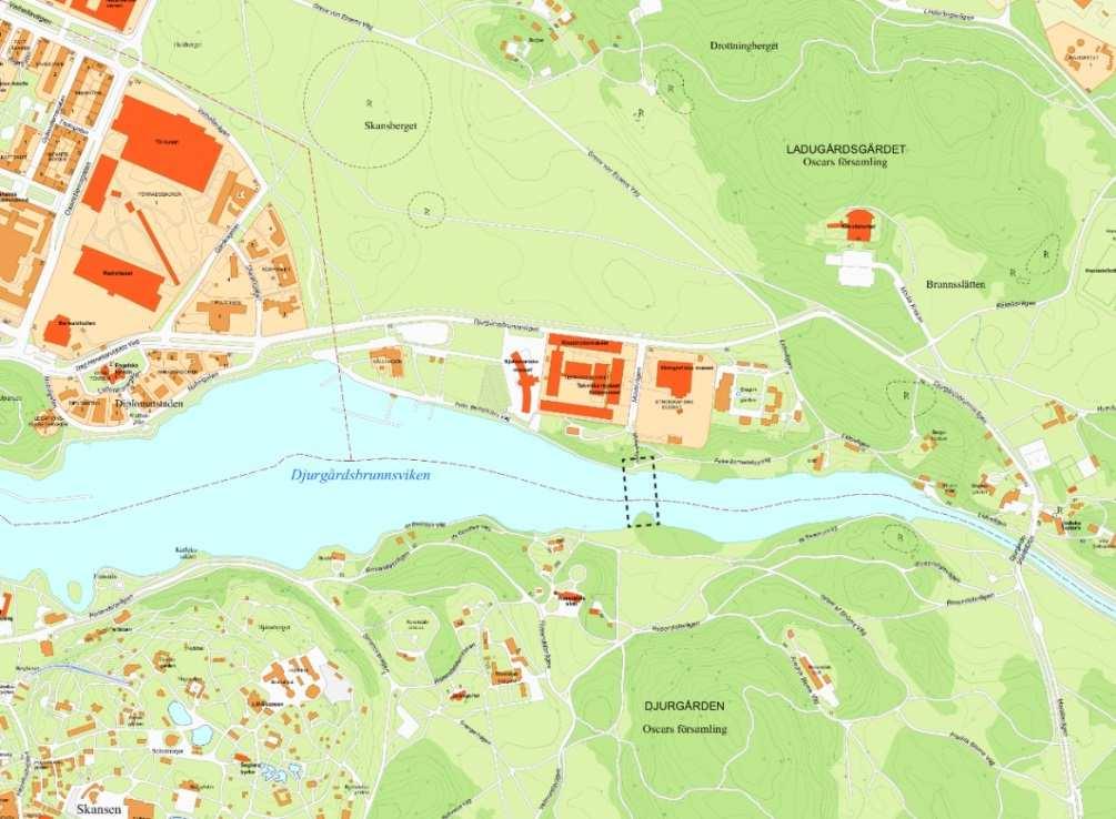 Sida 3 (12) Utlåtande Planområdets läge markerat med streckad linje. Syfte Planens syfte är att möjliggöra en gångbro över Djurgårdsbrunnsviken.
