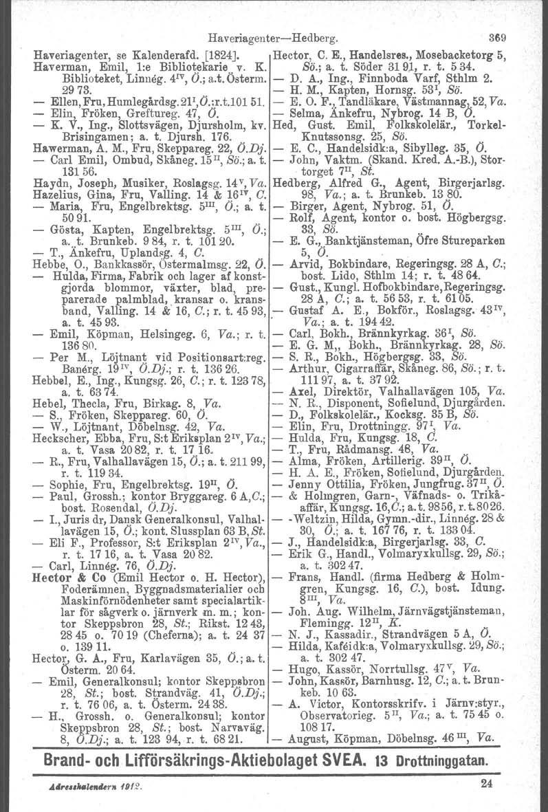 HaveriagenterHedberg. 369 Haveriagenter, se Kalenderafd. [1824J. Hector, C. E., Handelsres., Mosebacketorg 5, Haverman, Emil, l:e Bibliotekarie v. K. Sö.; a. t. Söder 3191, r. t. 534.