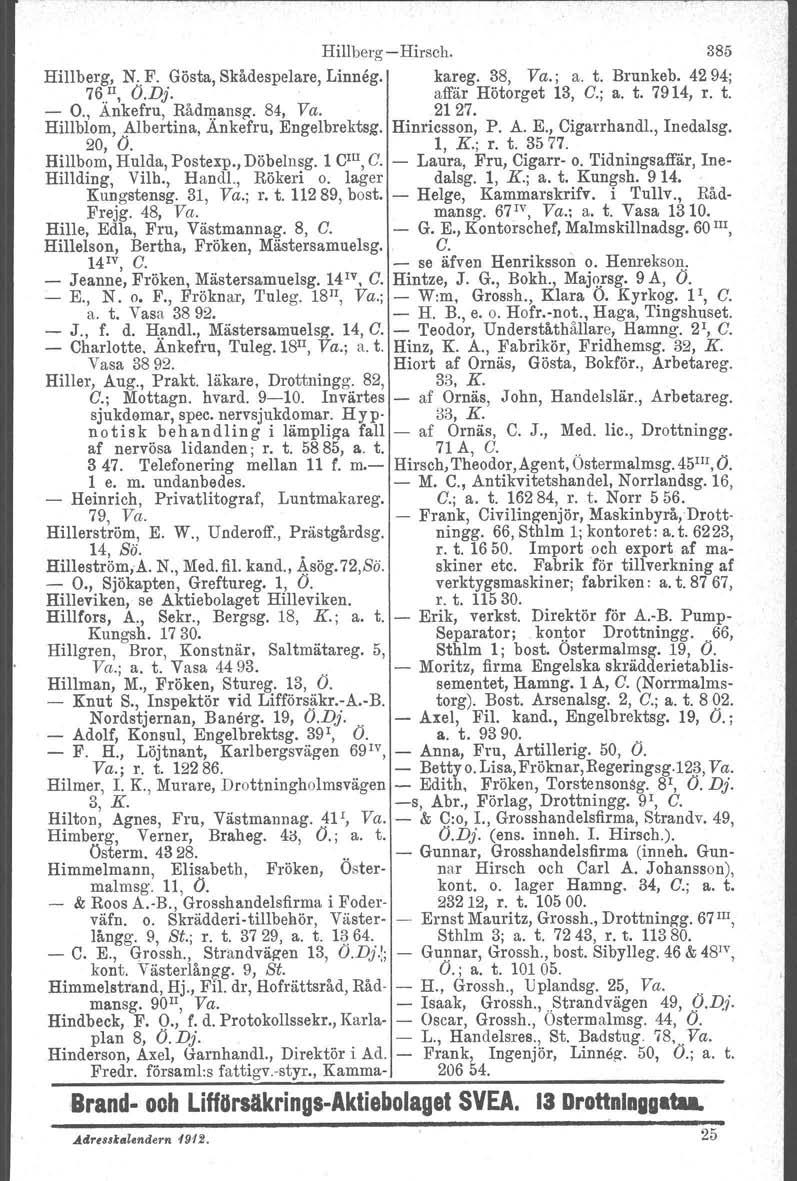 Hillberg Hirsch. 385 Hillberg, N..F. Gösta, Skådespelare, Linneg. kareg. 3S, Va.; a. t. Brunkeb, 4294; 76 II, Ö.Dj. affär Hötorget 13, G.; a. t. 7914, r. t. O., Änkefru, Rådmansg. S4, Va. 2127.
