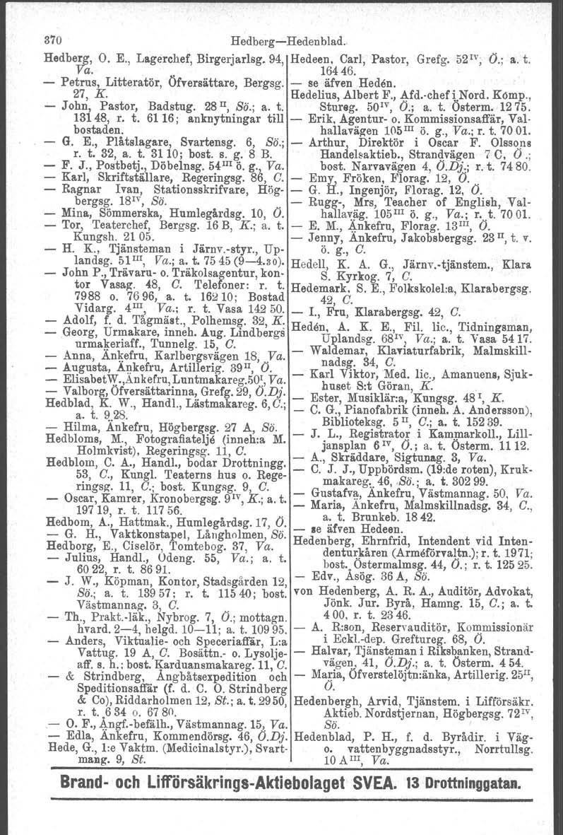 I?", 870 HedbergHedenblad.. Hedberg, O. E., Lagerchef, Birgerjarlsg. 94, Hedeen, Carl, Pastor, Grefg. 52IV; O.; a. t. Va. 16446. Petrus, Litteratör, Öfversättare, Bergsg. se äfven Heden. 27, K.