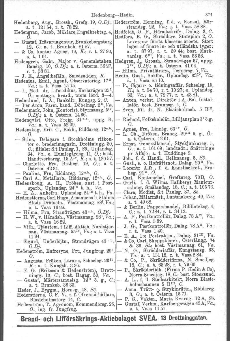 HedenborgHedin. Hedenborg, Aug., Grossh., Grefg. 19, O.Dj.; Hederström. Henning, f. d. v. Konsul, Röra. t. 12154, r. t. 7822. strandsg. 22, Va.; a. t. Vasa 5888. Hedengran.