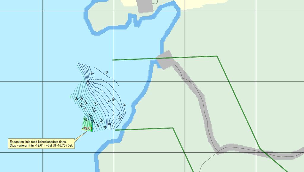 Figur 6. Bottenkartläggning med djup till fast botten vid Kasängsviken på Sottunga.