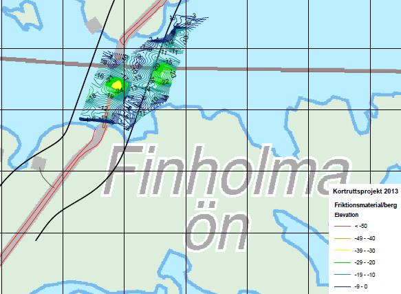 Figur 12. Bottenkartläggning med djup till fast botten vid Embarsund. 5.3 UA 9:3 Högbro över Embarsund Färjefästen och anslutningar på Sottunga och Seglinge utförs enligt UA 9:1.