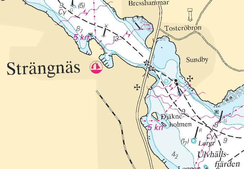 Nr 279 10 Mälaren och Södertälje kanal / Lake Mälaren and Södertälje kanal * 5923 Sjökort/Chart: 111, 113 Sverige. Mälaren. Strängnäs. Visholmsviken och Djäkneholmen. Fartbegränsning.