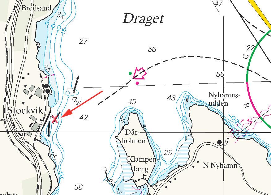 Nr 279 6 * 5915 Sjökort/Chart: 524 Sverige. Bottenhavet. S om Sundsvall. Stockvik. Prick indragen. BB-pricken utanför kajen i Stockvik har indragits.