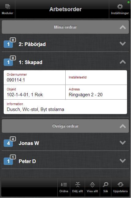 Listan är uppdelad i två delar, Mina ordrar (se Mina ordrar och Övriga ordrar). För att se en mer detaljerad beskrivning av en arbetsorder klickar användaren någonstans på den vita arbetsorderboxen.