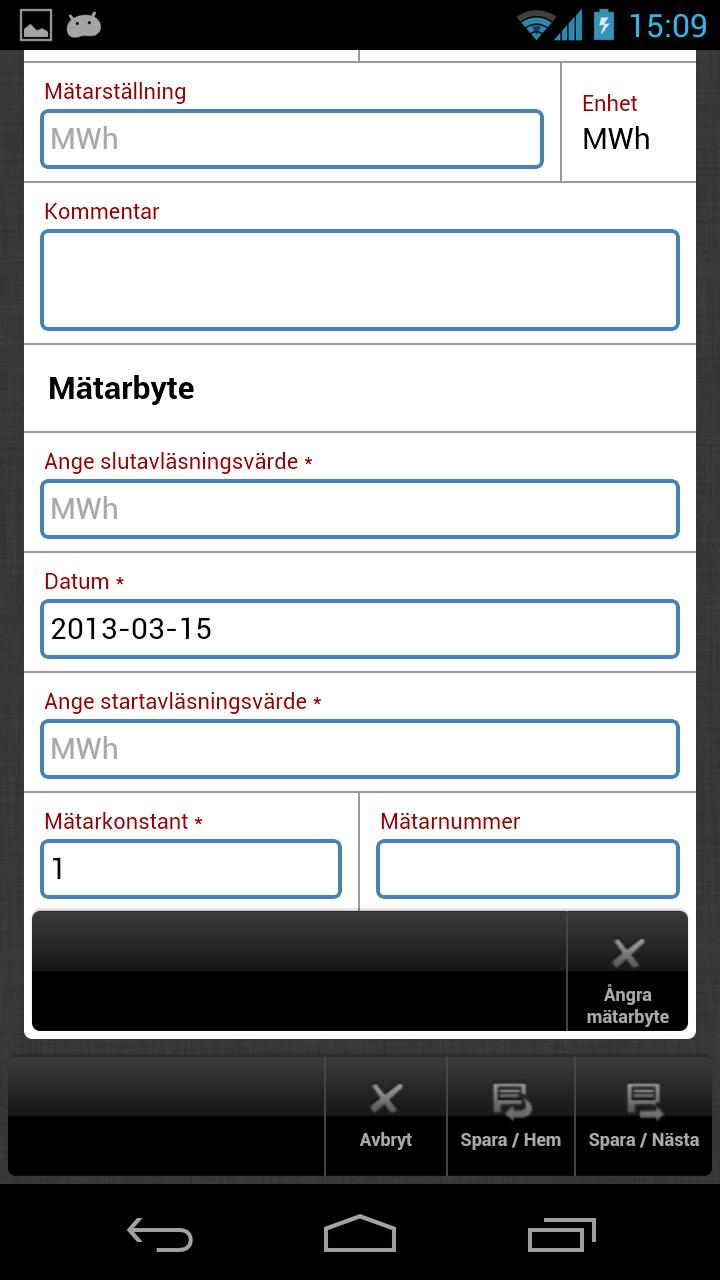 Användaren får skriva in slutavläsningsvärde, datum, startavläsningsvärde och mätarkonstant. Dessa fält är markerade med en stjärna och är obligatoriska för att utföra ett mätarbyte.