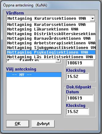 Klicka på dropdownpilen för Vårdform och välj Mottagning Psykologisektionen. 4.