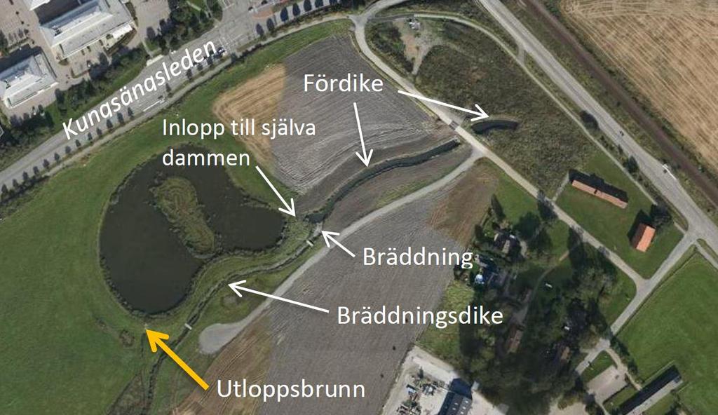 sedimenterar innan dagvattnet leds vidare. Inkommande vatten leds genom ett fördike till dammen via en inloppsbrunn. Avståndet mellan fördiket och inloppsbrunnen är 400 m.