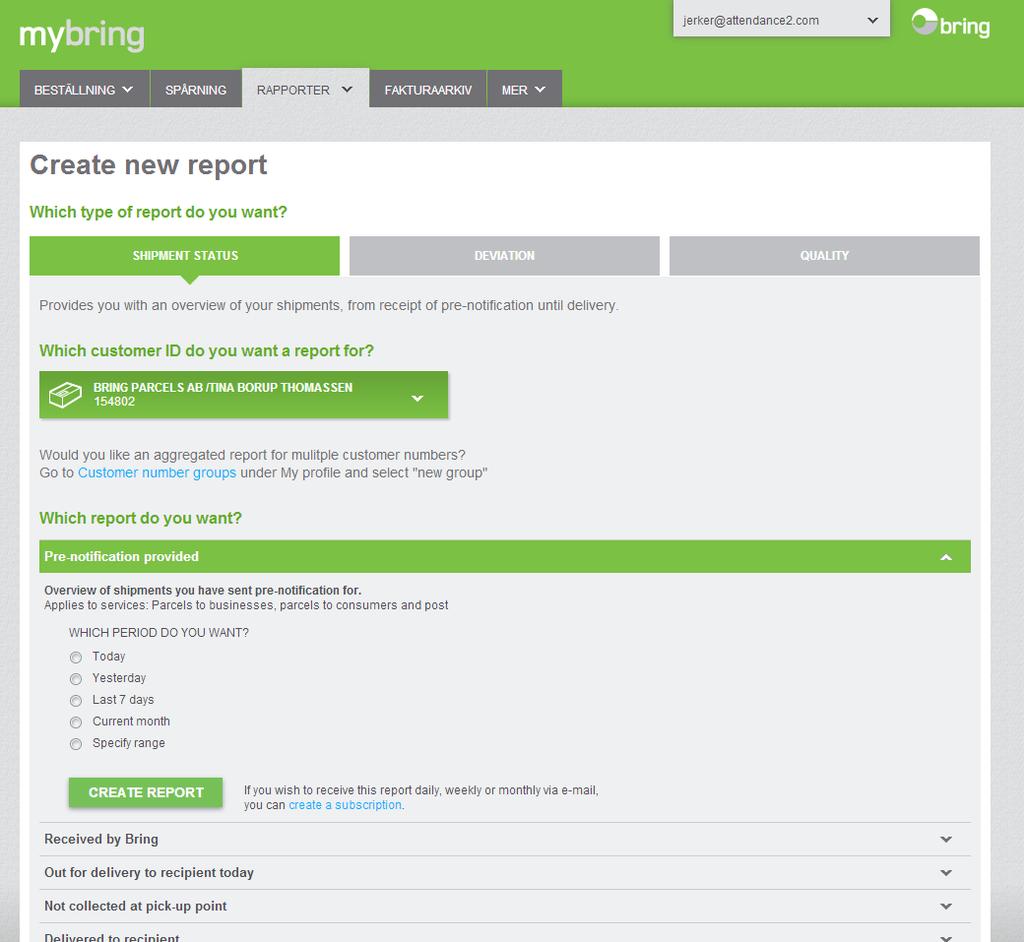 Rapporter Under fliken Rapporter kan du enkelt ta fram en översikt över alla dina paket- och pallsändningar med Bring. Rapporterna innehåller även sändningar som bokats på annat sätt än via Mybring.
