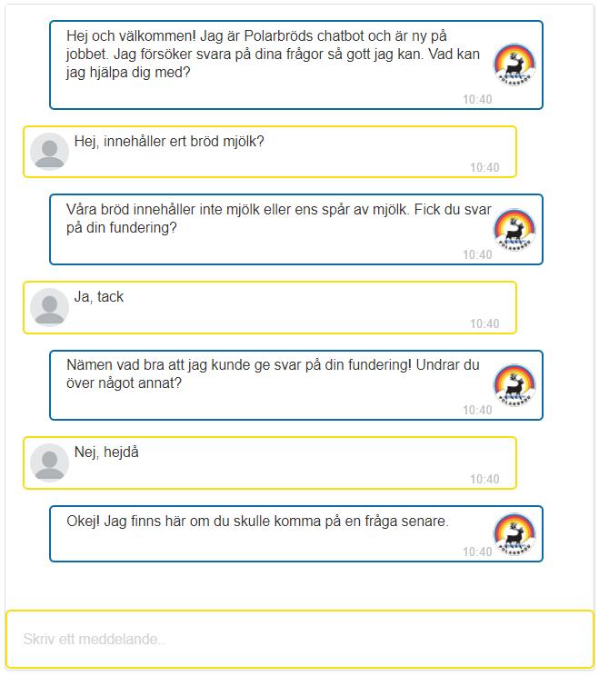 2 Skärmdumpar på interaktion med chatboten Skärmdumparna nedan är tagna från demosidan och är resultat från fungerande användarinteraktioner