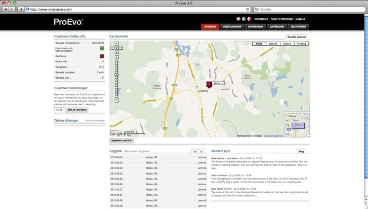 Kapitel 3. Webbportalen Översikt På översiktssidan får du upp den senaste inrapporterade positionen på kartan och enhetens Heartbeat (statusinrapportering) visas till vänster.