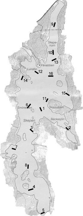 Nätläggningskarta 1:13214 Tabell 9. Fångst och djupzonsplacering för varje enskilt bottennät.