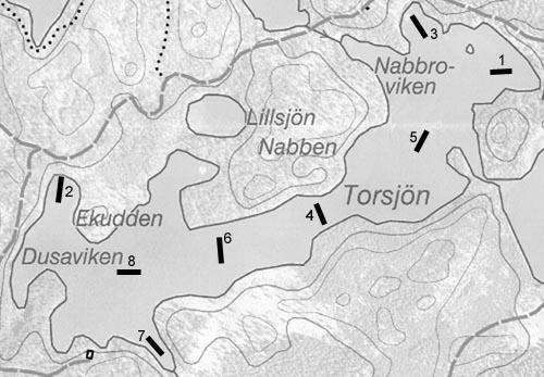 Nätläggningskarta 1:5 Tabell 17. Fångst och djupzonsplacering för varje enskilt bottennät.