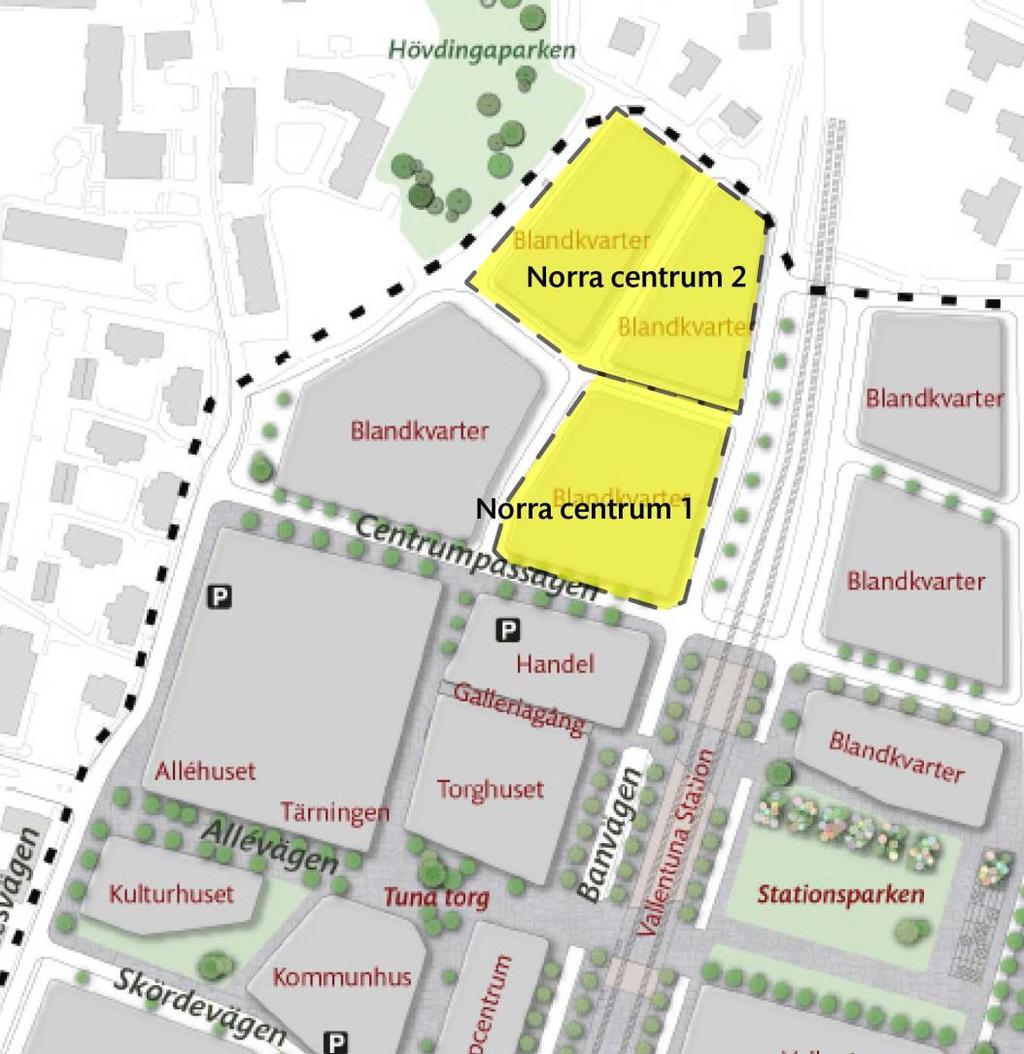 3.1.3 Norra centrum 1 & 2 Området kommer att utvecklas i minst 2 etapper, varav etapp 1 avser norra centrumtomten (området som idag framför allt nyttjas som parkering). Beslut om markanvisning finns.