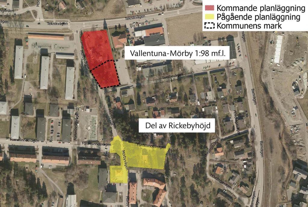 3.1.7 Vallentuna-Mörby 1:98 mf.l. Området bedöms kunna innehålla ca 60 lägenheter. Vallentuna kommuns fastighetsinnehav berörs av fornlämning med okänd utsträckning.