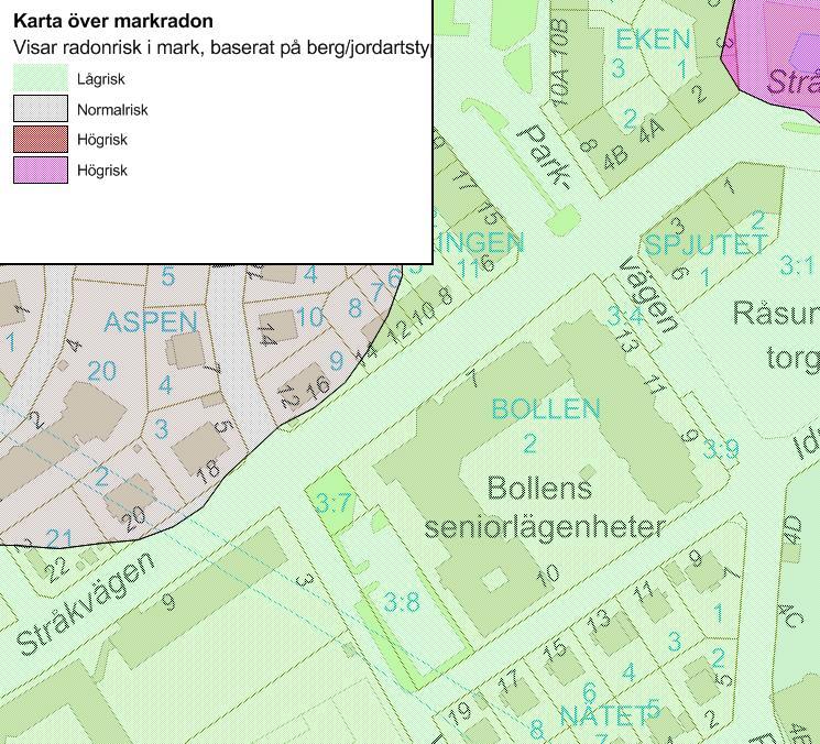 12.6 Radon Mätning av radonhalten i jorden har inte utförts inom detta uppdrag. Ett utdrag från Solna stads radonkarta redovisas i figur 2 nedan. Enligt kartan är det lågriskmark. Figur 2.