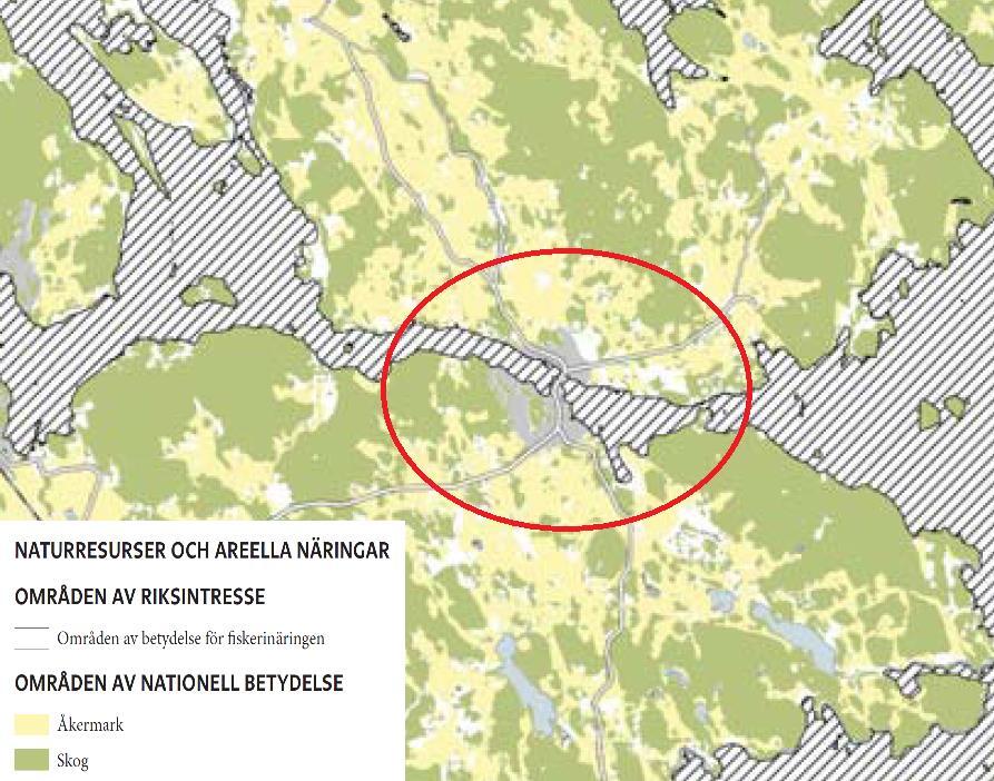 Figur 4. Åkermark ch skg inm planmrådet. Stallarhlmen är i figuren markerad med en röd ring. Det passerar en rullstensås rakt igenm hela planmrådet, se figuren nedan.